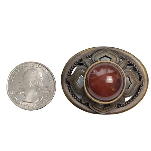 Ginnie Johansen Oval Gold Tone Red Glass Center Cab Pin Brooch, Signed - Picture 2 of 7